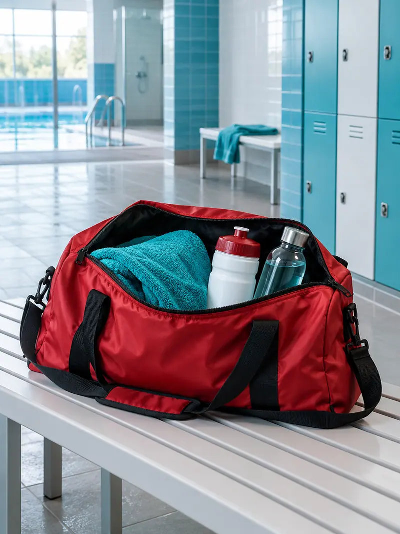Torba sportowa otwarta, w środku ręcznik, bidon, butelka bez etykiety