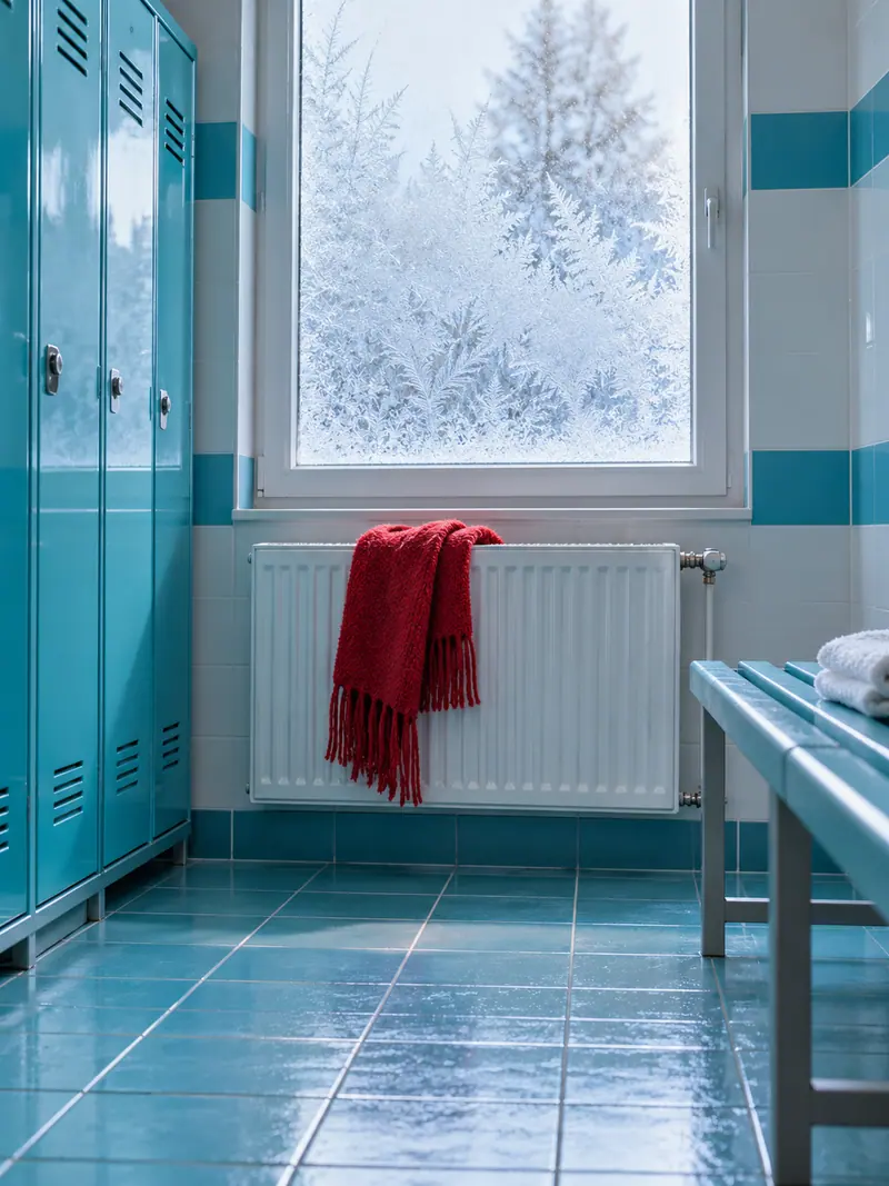 Szron na szybie i czerwony materiał na grzejniku w pustej szatni
